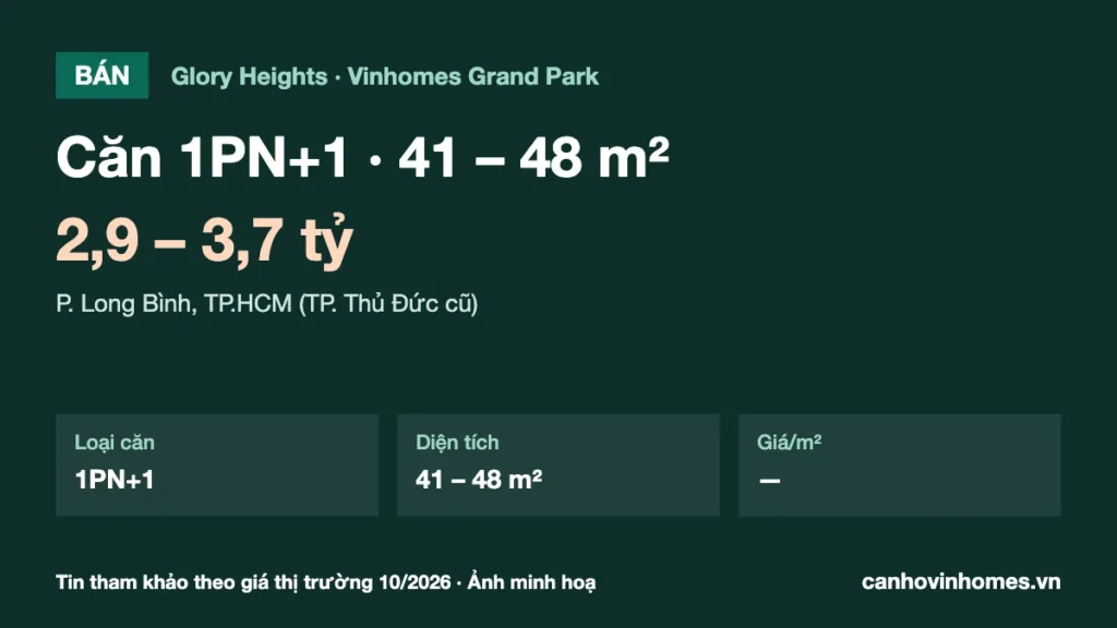 Bán căn hộ 1PN+1 41 – 48 m² Glory Heights Vinhomes Grand Park giá 2,9 – 3,7 tỷ