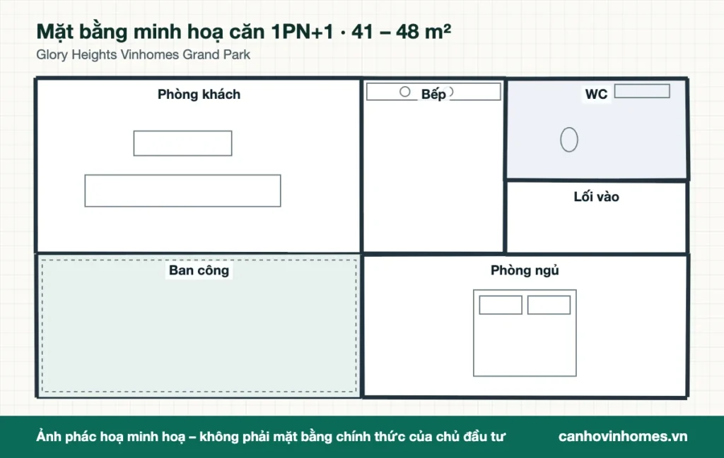 Mặt bằng minh hoạ căn 1PN+1 41 – 48 m² Glory Heights Vinhomes Grand Park