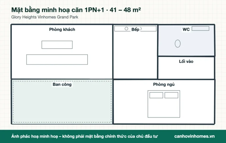 Mặt bằng minh hoạ căn 1PN+1 41 – 48 m² Glory Heights Vinhomes Grand Park