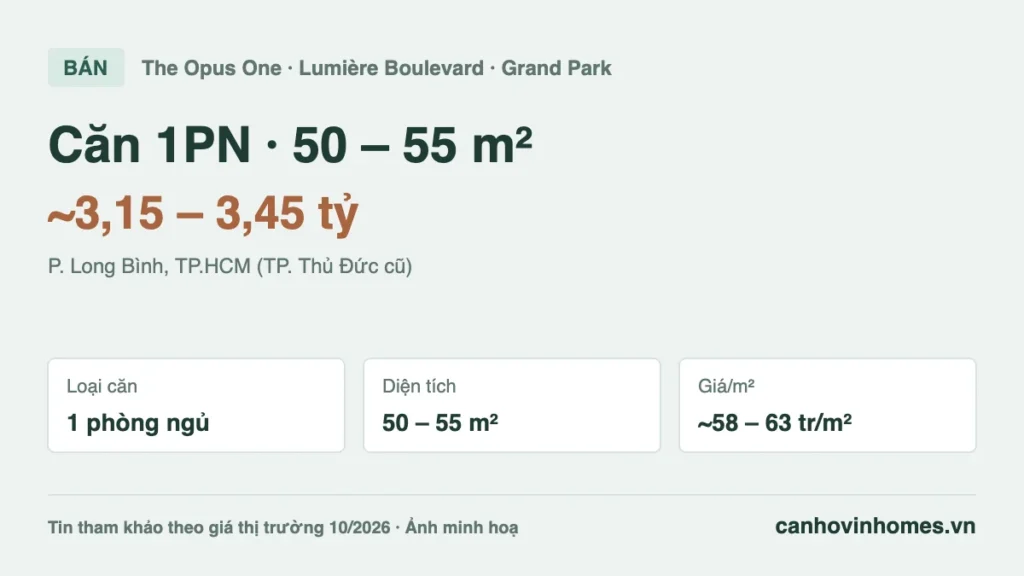 Bán căn hộ 1PN 50 – 55 m² The Opus One – Lumière Boulevard Vinhomes Grand Park giá ~3,15 – 3,45 tỷ