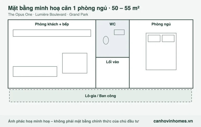 Mặt bằng minh hoạ căn 1 phòng ngủ 50 – 55 m² The Opus One – Lumière Boulevard Vinhomes Grand Park