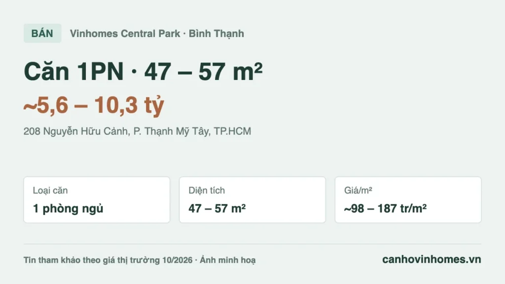 Bán căn hộ 1PN 47 – 57 m² Vinhomes Central Park giá ~5,6 – 10,3 tỷ