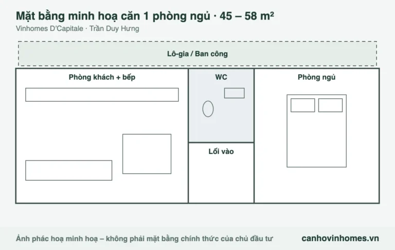 Mặt bằng minh hoạ căn 1 phòng ngủ 45 – 58 m² Vinhomes D’Capitale