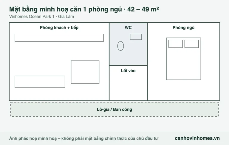 Mặt bằng minh hoạ căn 1 phòng ngủ 42 – 49 m² Vinhomes Ocean Park 1