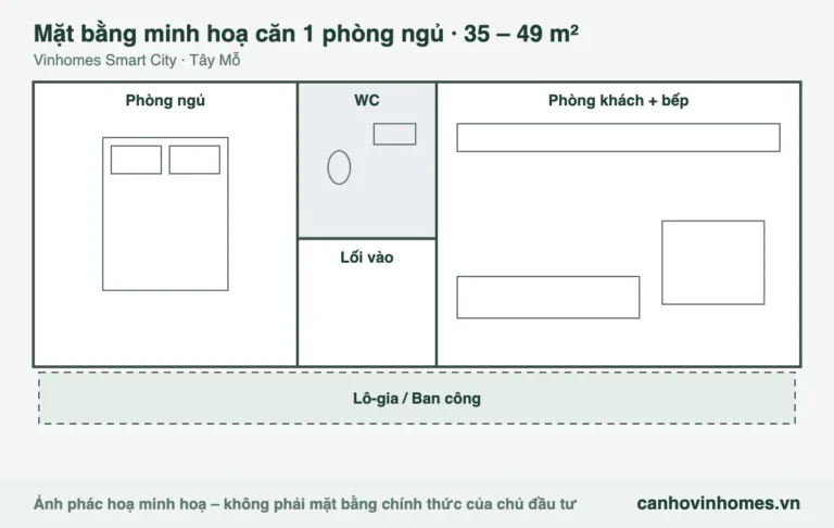 Mặt bằng minh hoạ căn 1 phòng ngủ 35 – 49 m² Vinhomes Smart City