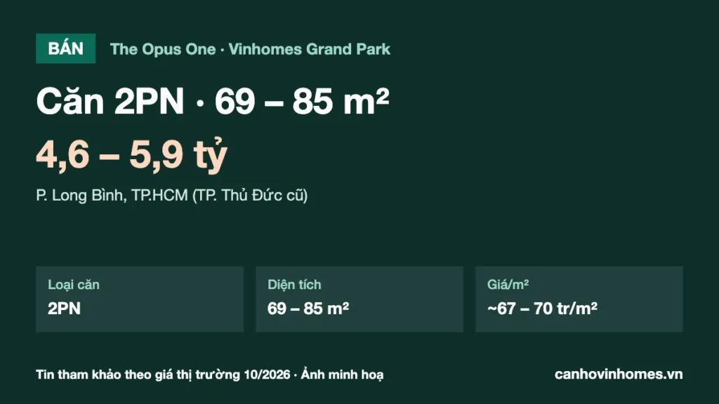 Bán căn hộ 2PN 69 – 85 m² The Opus One Vinhomes Grand Park giá 4,6 – 5,9 tỷ