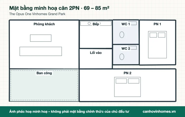 Mặt bằng minh hoạ căn 2PN 69 – 85 m² The Opus One Vinhomes Grand Park