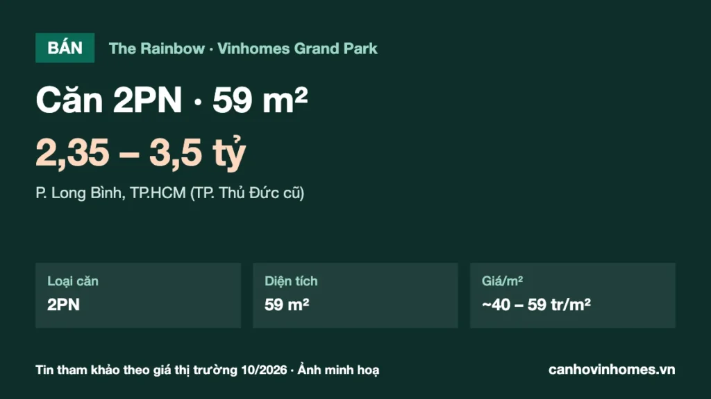Bán căn hộ 2PN 59 m² The Rainbow Vinhomes Grand Park giá 2,35 – 3,5 tỷ