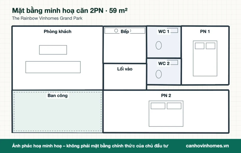 Mặt bằng minh hoạ căn 2PN 59 m² The Rainbow Vinhomes Grand Park