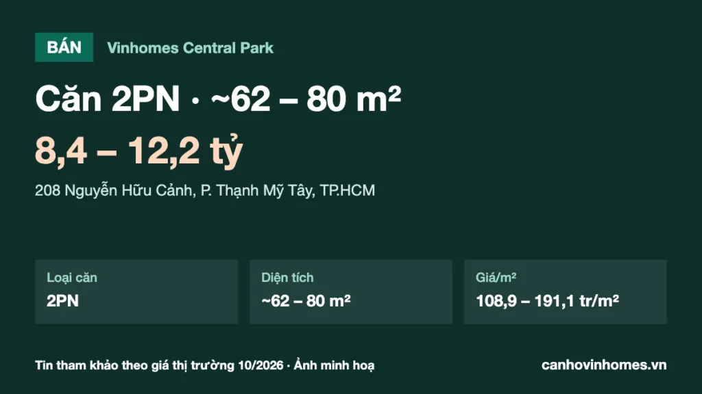 Bán căn hộ 2PN ~62 – 80 m² Vinhomes Central Park giá 8,4 – 12,2 tỷ