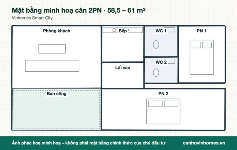 Mặt bằng minh hoạ căn 2PN 58,5 – 61 m² Vinhomes Smart City