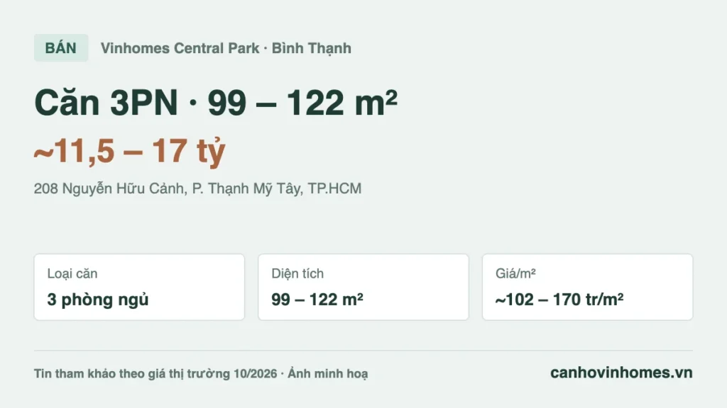 Bán căn hộ 3PN 99 – 122 m² Vinhomes Central Park giá ~11,5 – 17 tỷ