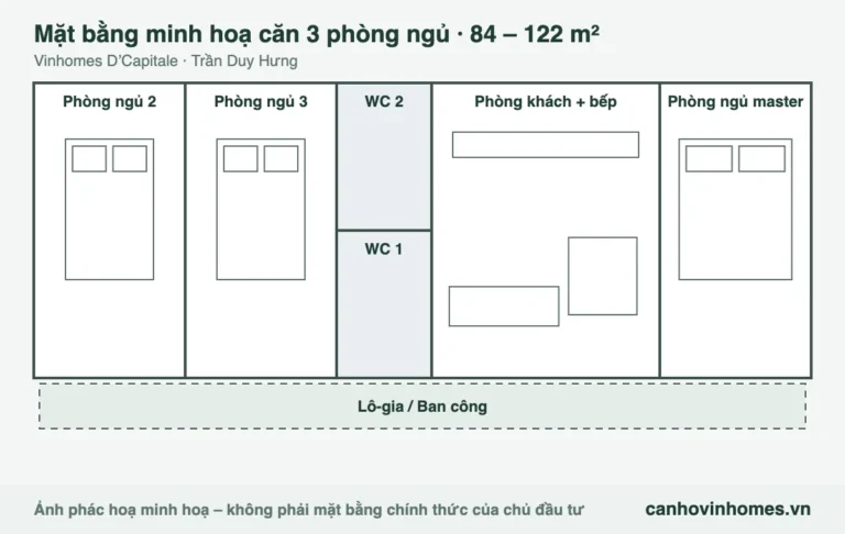 Mặt bằng minh hoạ căn 3 phòng ngủ 84 – 122 m² Vinhomes D’Capitale