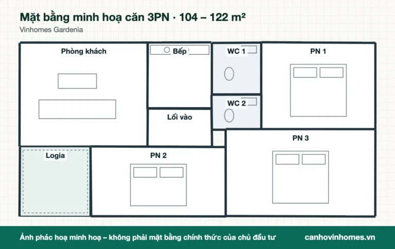 Mặt bằng minh hoạ căn 3PN 104 – 122 m² Vinhomes Gardenia