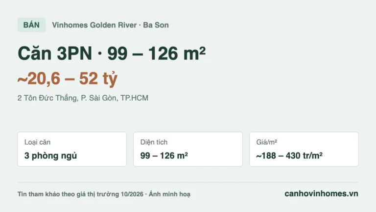 Bán căn hộ 3PN Vinhomes Golden River: 99 – 126 m², giá ~20,6 – 52 tỷ