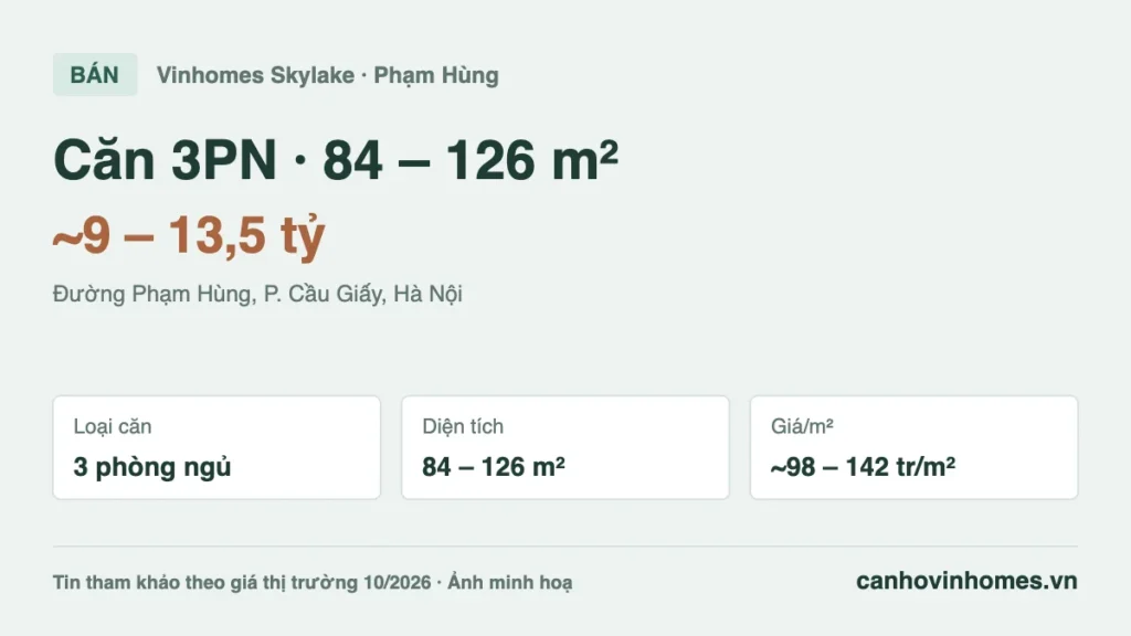 Bán căn hộ 3PN 84 – 126 m² Vinhomes Skylake giá ~9 – 13,5 tỷ