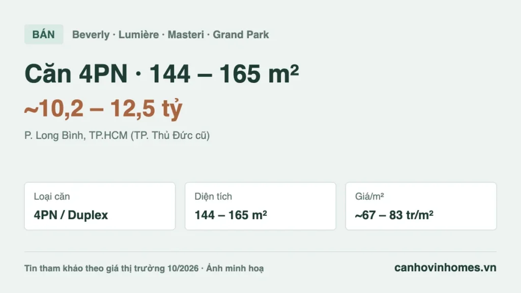 Bán căn hộ 4PN 144 – 165 m² Vinhomes Grand Park giá ~10,2 – 12,5 tỷ