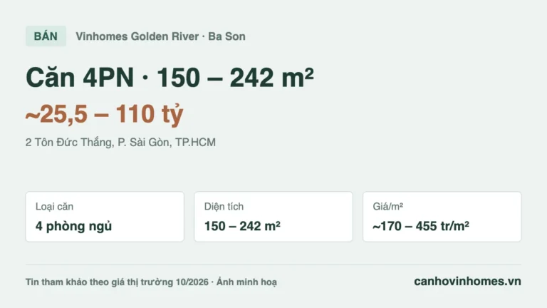 Bán căn hộ 4PN Vinhomes Golden River: 150 – 242 m², giá ~25,5 – 110 tỷ