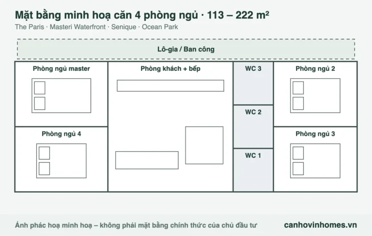 Mặt bằng minh hoạ căn 4 phòng ngủ 113 – 222 m² Vinhomes Ocean Park 1