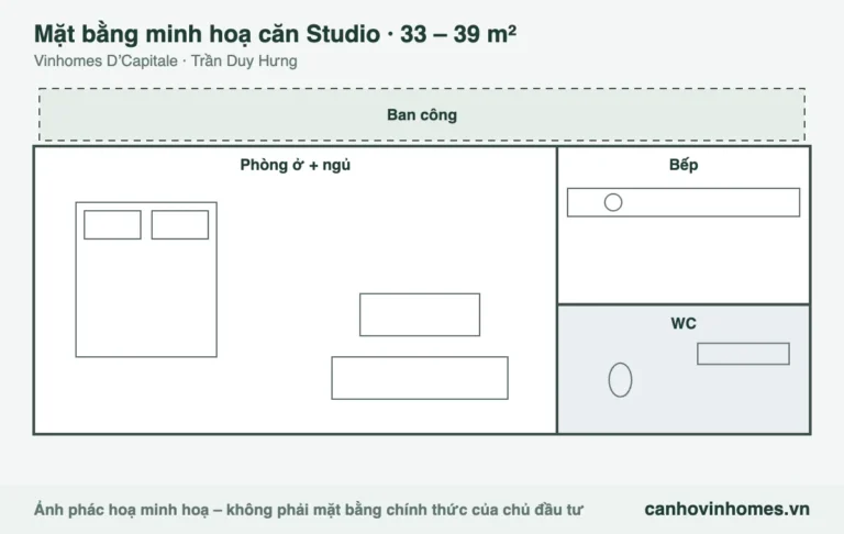 Mặt bằng minh hoạ căn Studio 33 – 39 m² Vinhomes D’Capitale