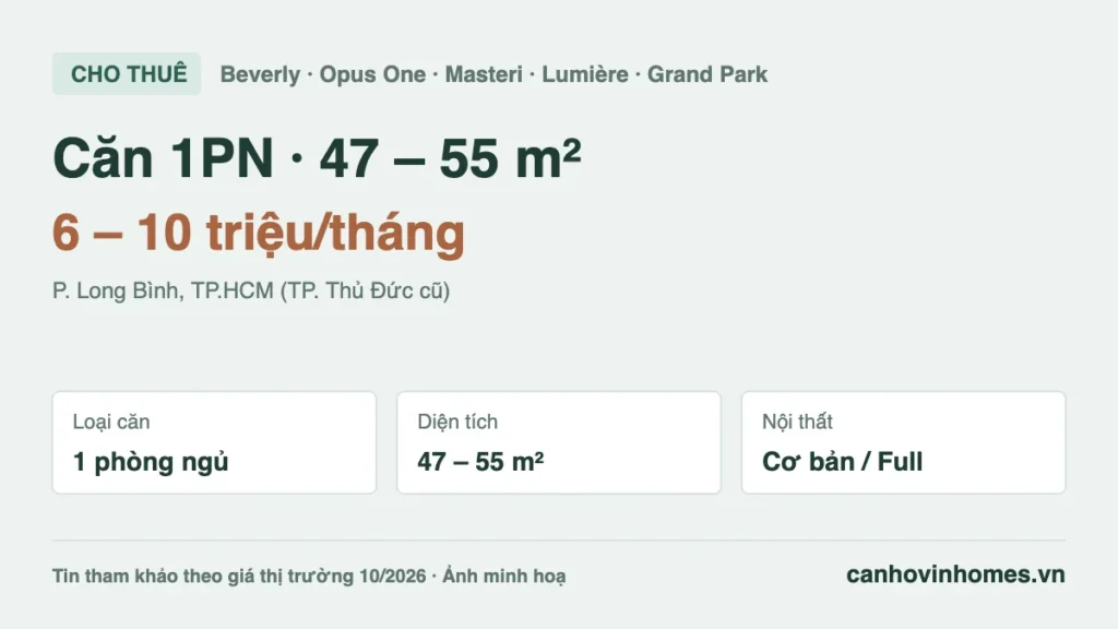 Cho thuê căn hộ 1PN 47 – 55 m² The Beverly – The Opus One – Masteri Vinhomes Grand Park giá 6 – 10 triệu/tháng