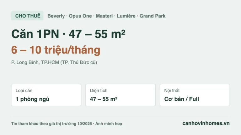 Cho thuê căn hộ 1PN 47 – 55 m² The Beverly – The Opus One – Masteri Vinhomes Grand Park, giá 6 – 10 triệu/tháng
