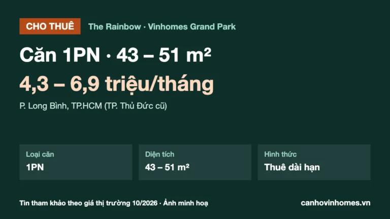 Cho thuê căn hộ 1PN 43 – 51 m² The Rainbow Vinhomes Grand Park, giá 4,3 – 6,9 triệu/tháng