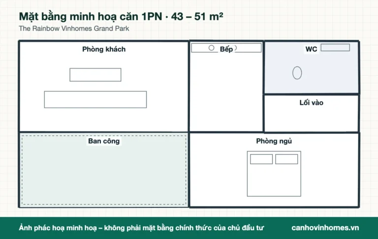 Mặt bằng minh hoạ căn 1PN 43 – 51 m² The Rainbow Vinhomes Grand Park