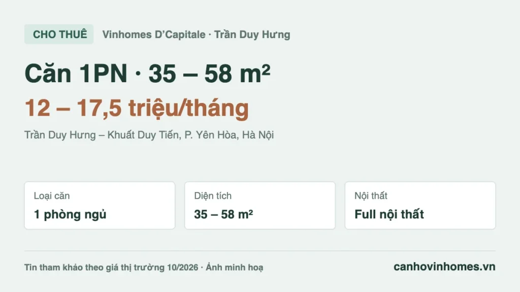 Cho thuê căn hộ 1PN 35 – 58 m² Vinhomes D’Capitale giá 12 – 17,5 triệu/tháng