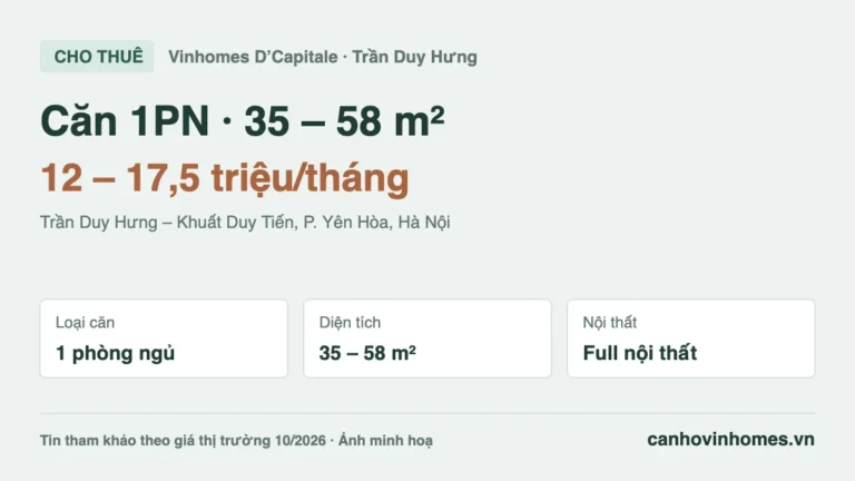 Cho thuê căn hộ 1PN 35 – 58 m² Vinhomes D’Capitale, giá 12 – 17,5 triệu/tháng