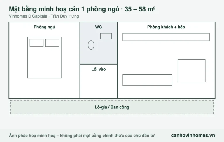 Mặt bằng minh hoạ căn 1 phòng ngủ 35 – 58 m² Vinhomes D’Capitale