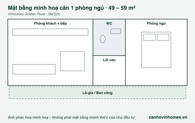 Mặt bằng minh hoạ căn 1 phòng ngủ 49 – 59 m² Vinhomes Golden River