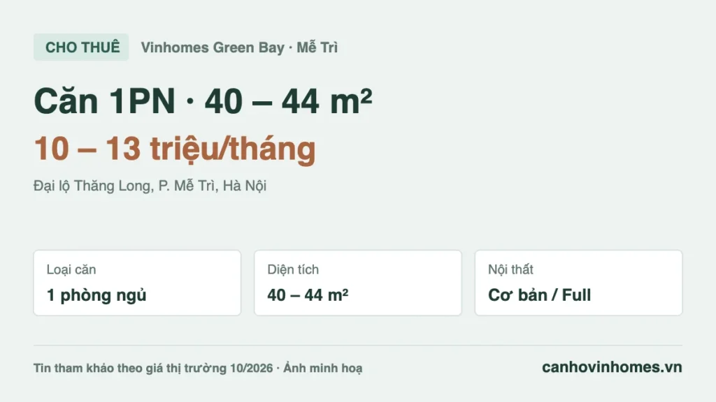 Cho thuê căn hộ 1PN 40 – 44 m² Vinhomes Green Bay giá 10 – 13 triệu/tháng