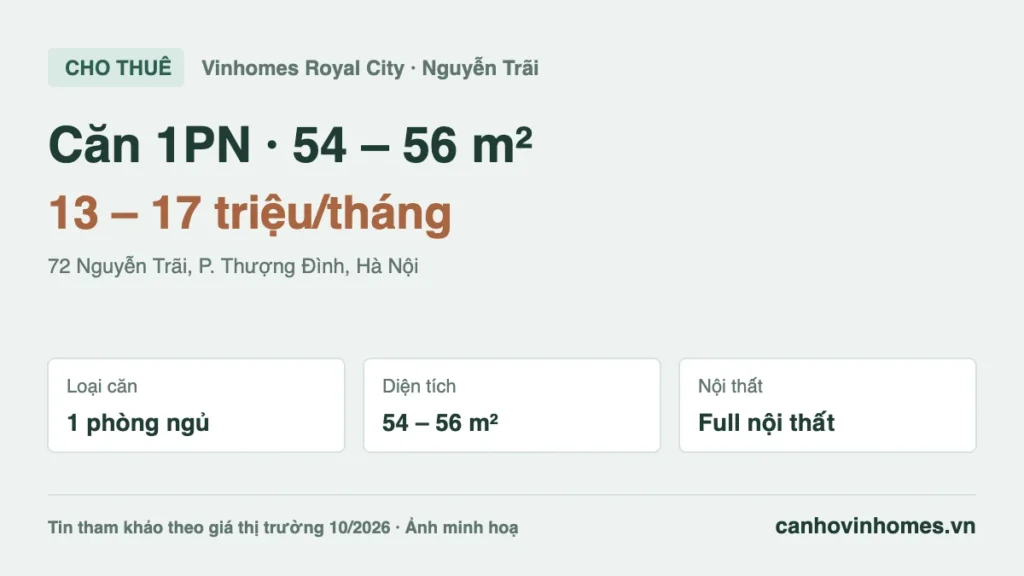 Cho thuê căn hộ 1PN 54 – 56 m² Vinhomes Royal City giá 13 – 17 triệu/tháng