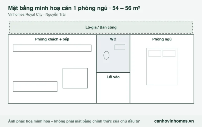 Mặt bằng minh hoạ căn 1 phòng ngủ 54 – 56 m² Vinhomes Royal City