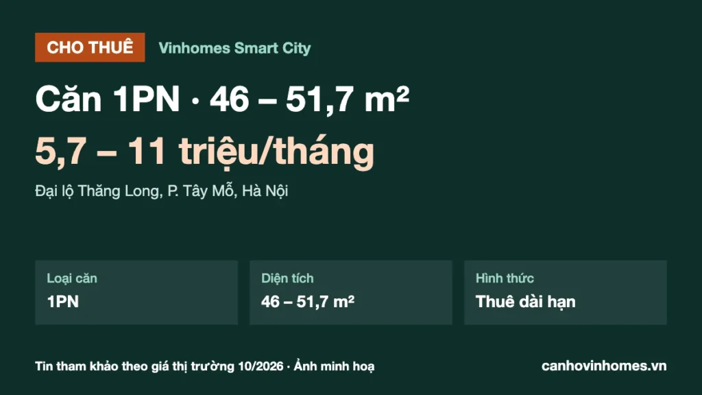 Cho thuê căn hộ 1PN 46 – 51,7 m² Vinhomes Smart City giá 5,7 – 11 triệu/tháng