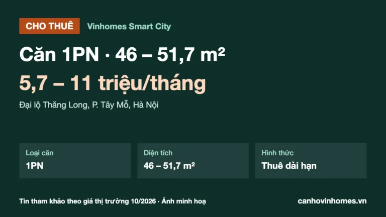 Cho thuê căn hộ 1PN 46 – 51,7 m² Vinhomes Smart City, giá 5,7 – 11 triệu/tháng