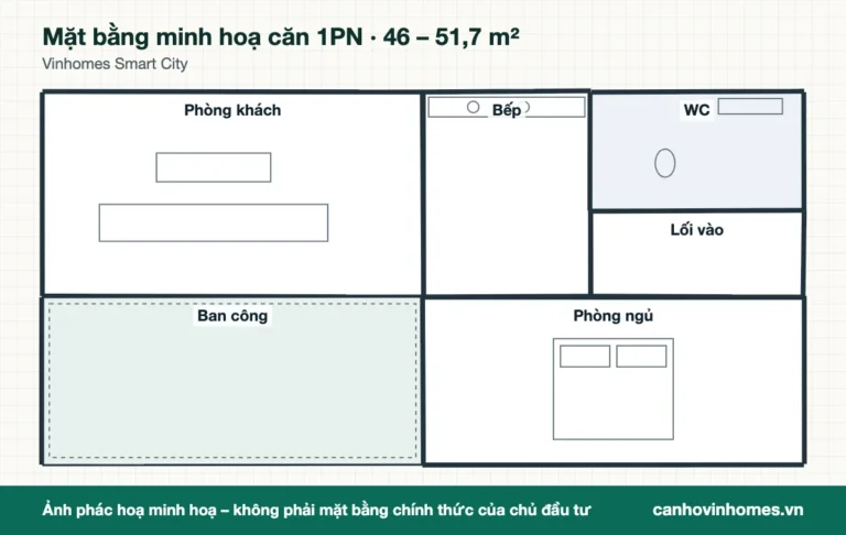 Mặt bằng minh hoạ căn 1PN 46 – 51,7 m² Vinhomes Smart City