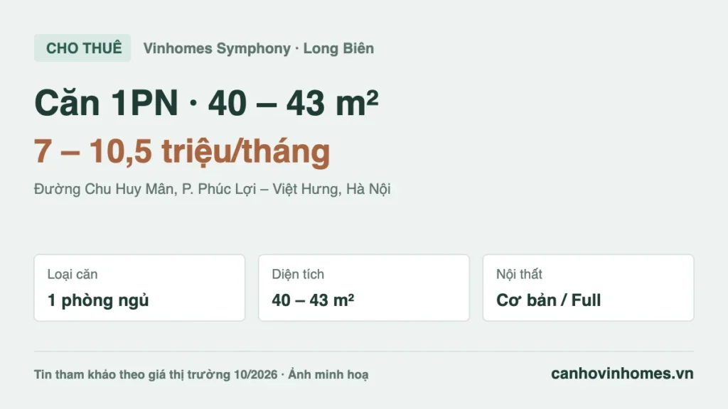 Cho thuê căn hộ 1PN 40 – 43 m² Vinhomes Symphony giá 7 – 10,5 triệu/tháng