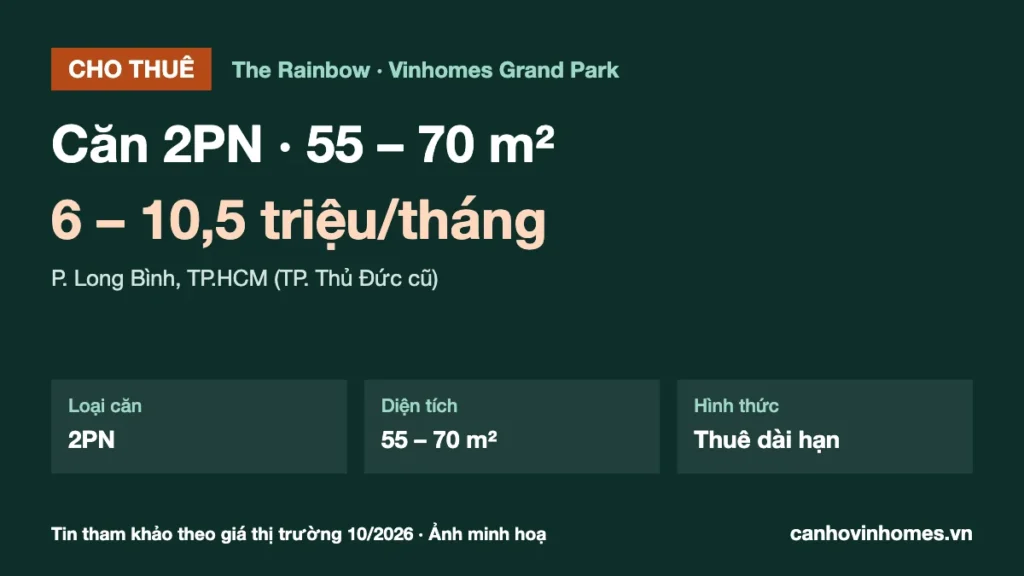 Cho thuê căn hộ 2PN 55 – 70 m² The Rainbow Vinhomes Grand Park giá 6 – 10,5 triệu/tháng