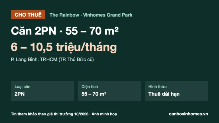 Cho thuê căn hộ 2PN 55 – 70 m² The Rainbow Vinhomes Grand Park, giá 6 – 10,5 triệu/tháng