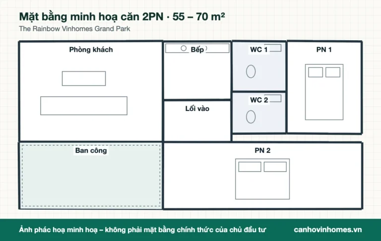 Mặt bằng minh hoạ căn 2PN 55 – 70 m² The Rainbow Vinhomes Grand Park