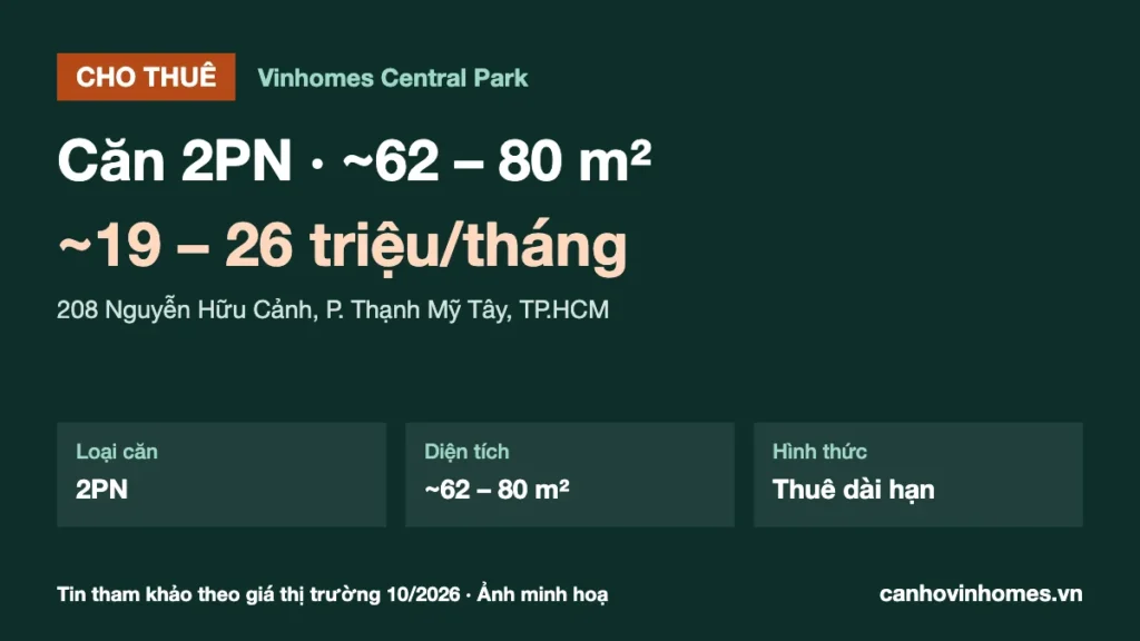 Cho thuê căn hộ 2PN ~62 – 80 m² Vinhomes Central Park giá ~19 – 26 triệu/tháng