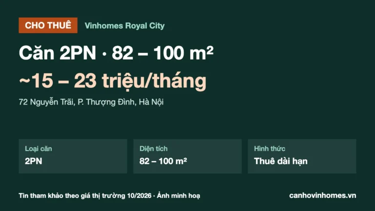 Cho thuê căn hộ 2PN 82 – 100 m² Vinhomes Royal City, giá ~15 – 23 triệu/tháng