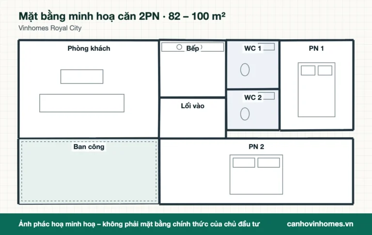 Mặt bằng minh hoạ căn 2PN 82 – 100 m² Vinhomes Royal City