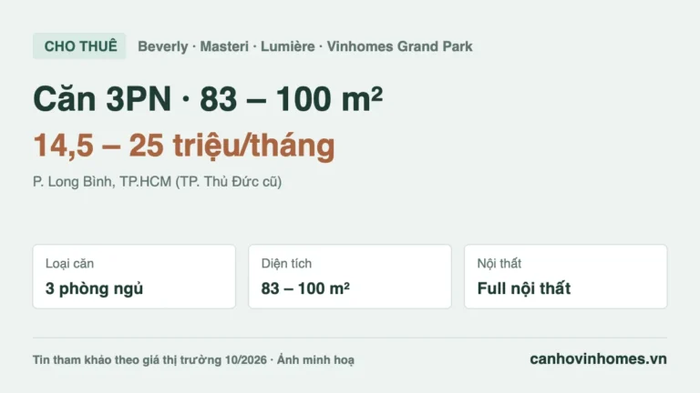 Cho thuê căn hộ 3PN 83 – 100 m² The Beverly – Masteri Centre Point Vinhomes Grand Park, giá 14,5 – 25 triệu/tháng
