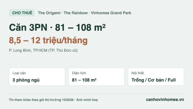 Cho thuê căn hộ 3PN 81 – 108 m² The Origami – The Rainbow Vinhomes Grand Park, giá 8,5 – 12 triệu/tháng