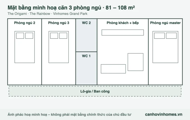 Mặt bằng minh hoạ căn 3 phòng ngủ 81 – 108 m² The Origami – The Rainbow Vinhomes Grand Park