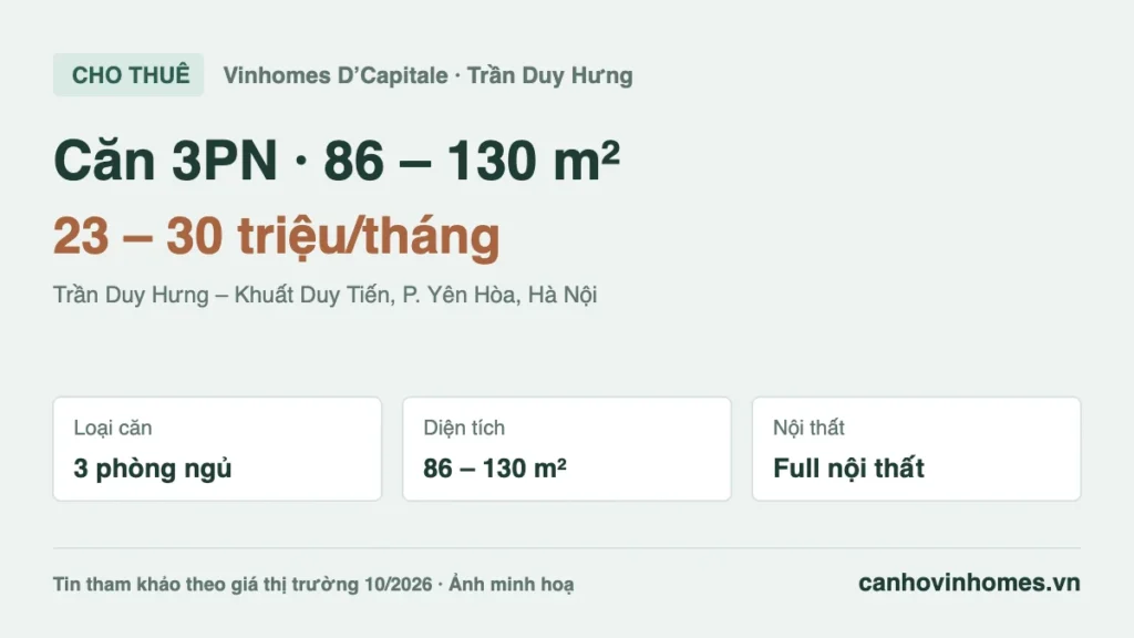 Cho thuê căn hộ 3PN 86 – 130 m² Vinhomes D’Capitale giá 23 – 30 triệu/tháng