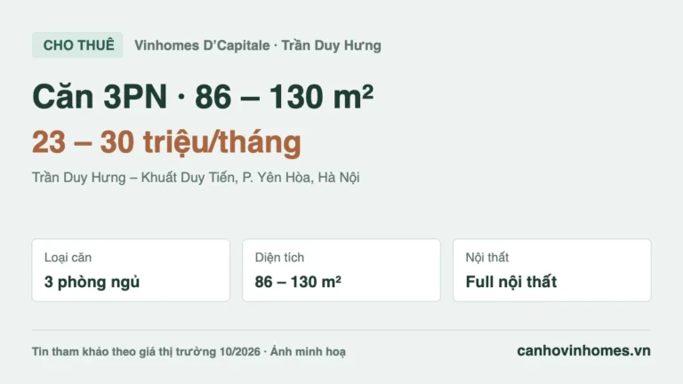 Cho thuê căn hộ 3PN 86 – 130 m² Vinhomes D’Capitale, giá 23 – 30 triệu/tháng